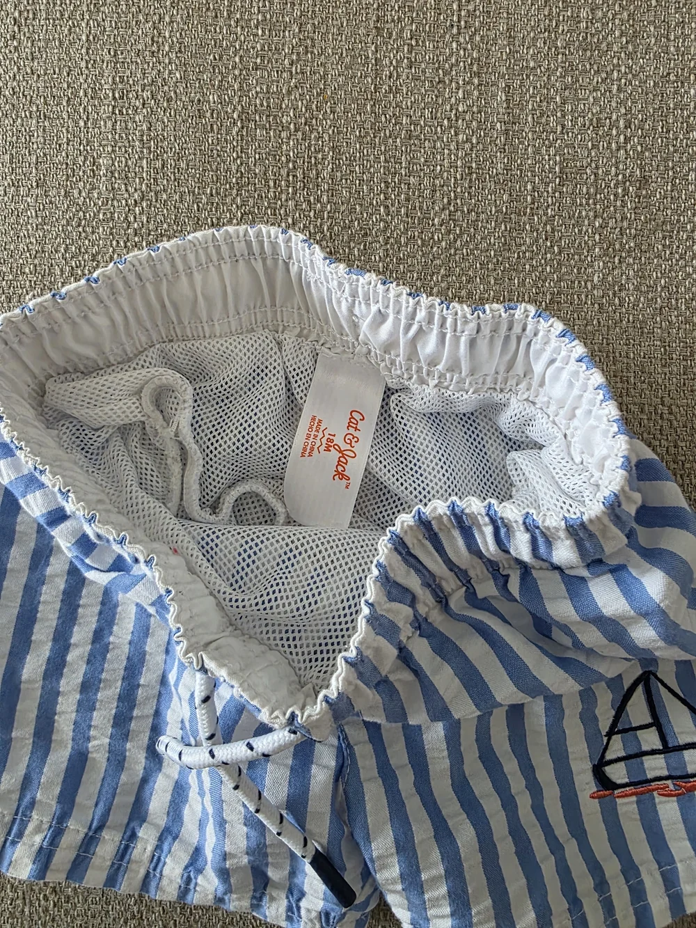 Cat & Jack Blue and White Striped Swim Shorts with Sailboat